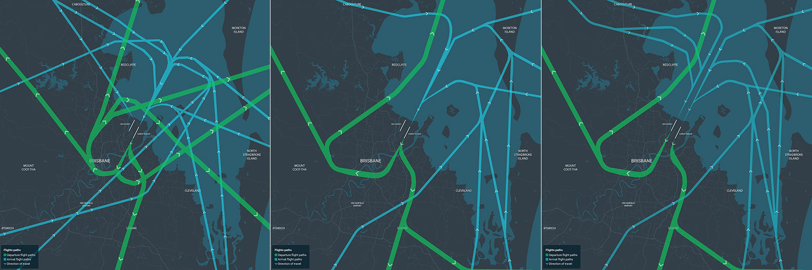 Flight paths for southerly winds: Current | Interim | New