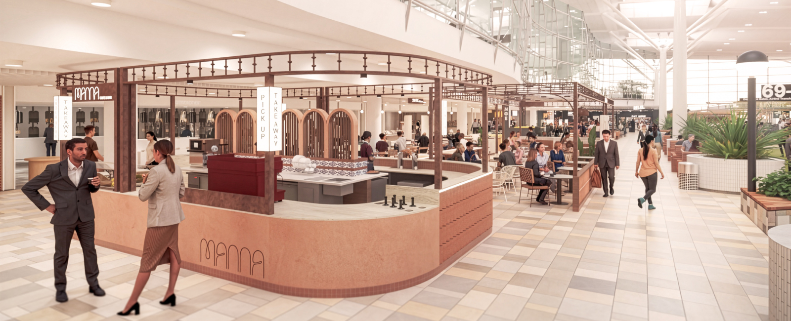 Render of mediterranean-inspired lobby bar concept Manna