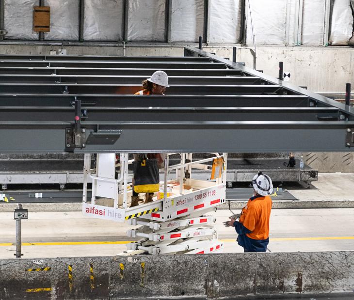 Steel frame construction in baggage area
