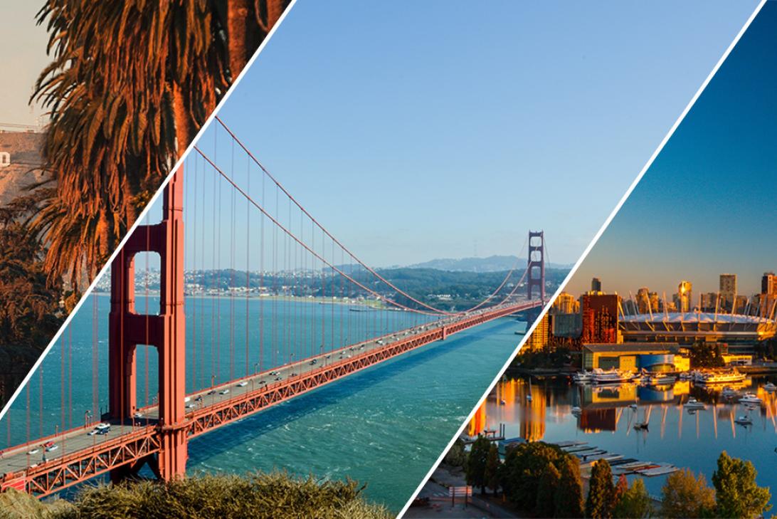 Image of Hollywood sign, Golden Gate Bridge and Vancouver